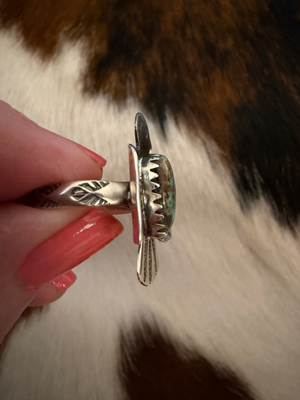 ❤️ Kingman Turquoise Hand Stamped 925 Thunderbird Decorative Band Ring SZ 5.75 - Picture 8 of 15